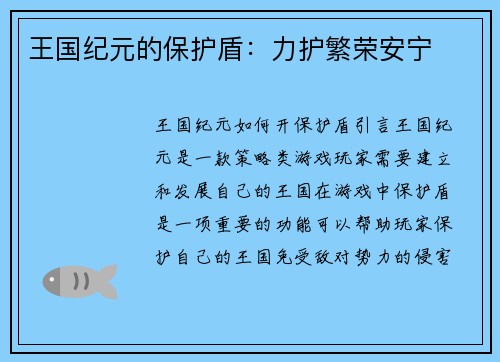 王国纪元的保护盾:力护繁荣安宁