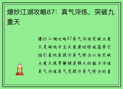 爆炒江湖攻略87:真气淬炼,突破九重天